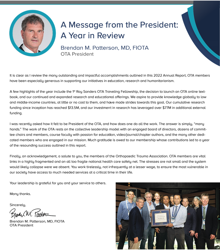 2022 Annual Report Letter from Brendan M. Patterson, MD, FIOTA, OTA President