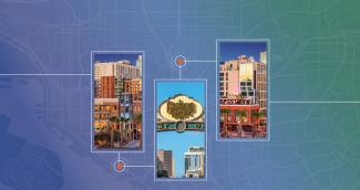 Colorful map of San Diego California lies in the background with 3 chosen images of city landmarks are upfront. 